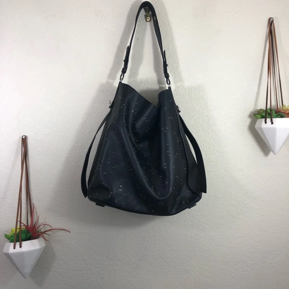 ALLSAINTS large black leather tote with small metal grommets with wristlet